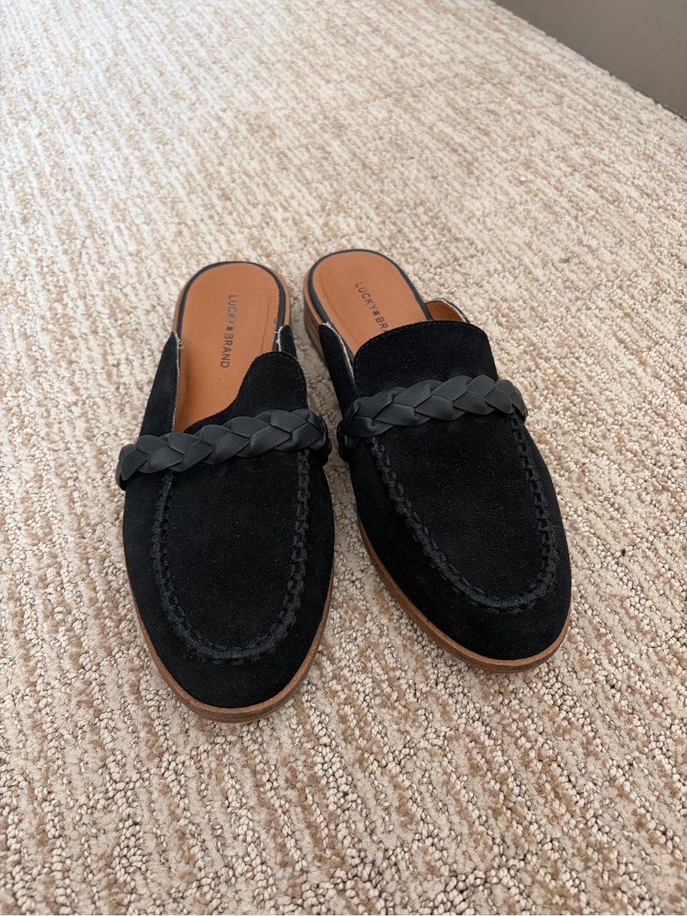 Lucky Brand Black Suede Braided Backless Loafers